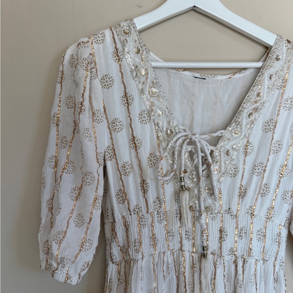 Boho White Maxi Metallic Detail White Gold Women's Puff Sleeve Dress - Picture 2 of 8